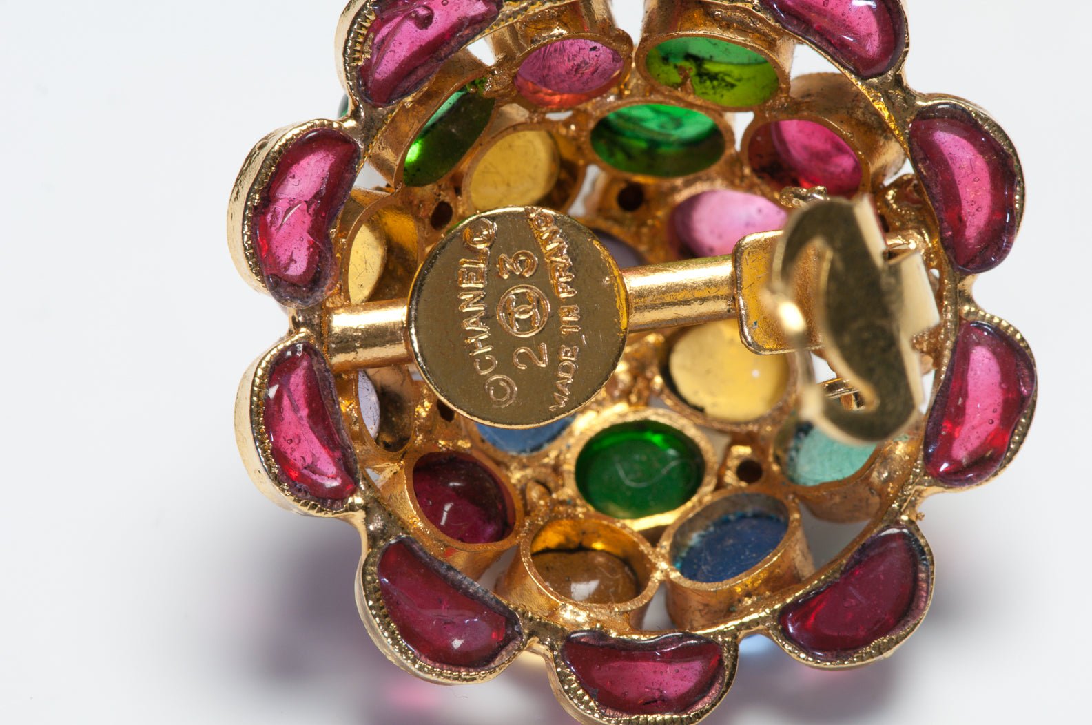 Chanel Paris 1990's Maison Gripoix Red Pink Green Blue Glass Camellia Earrings