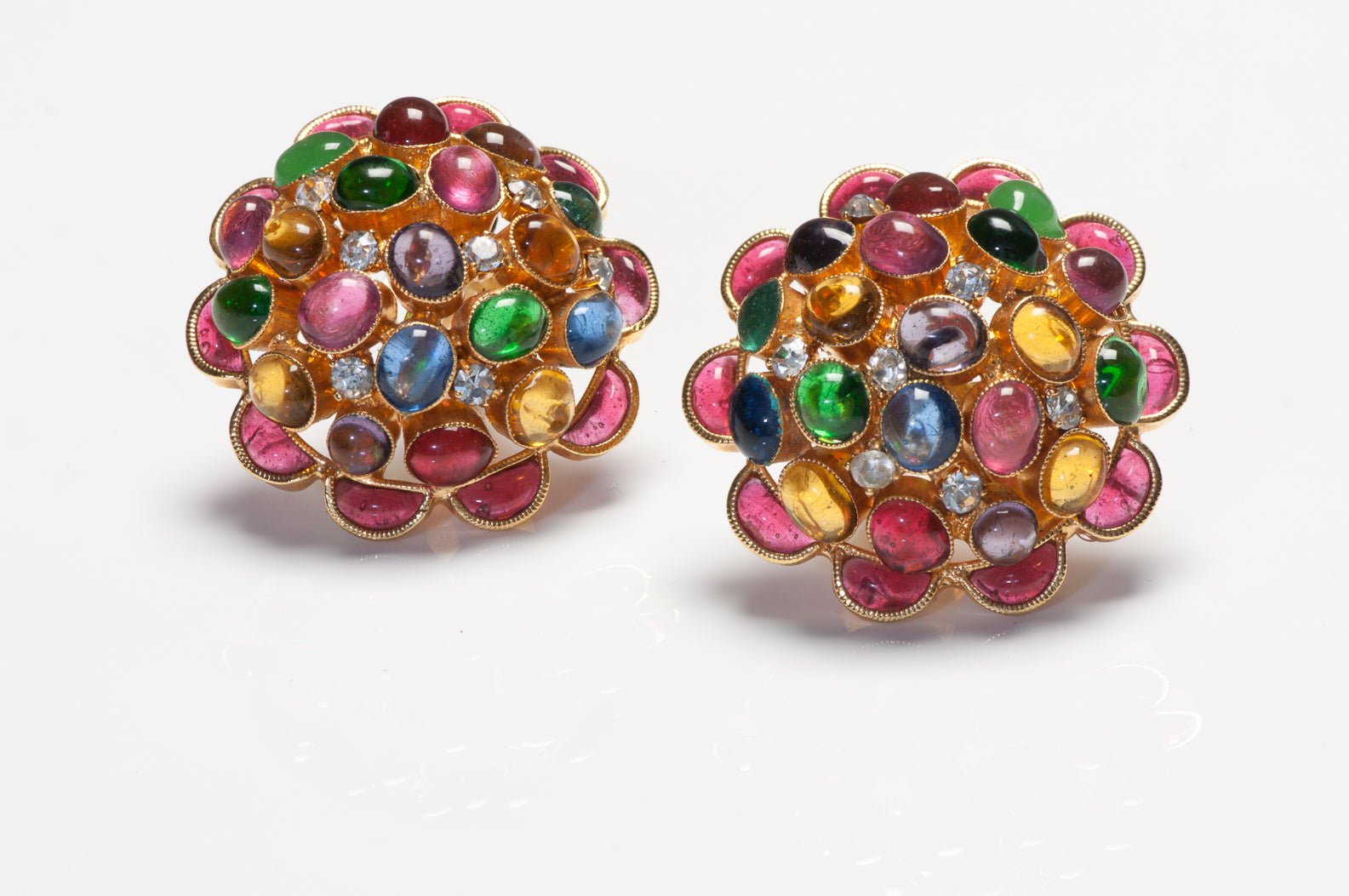 Chanel Paris 1990's Maison Gripoix Red Pink Green Blue Glass Camellia Earrings