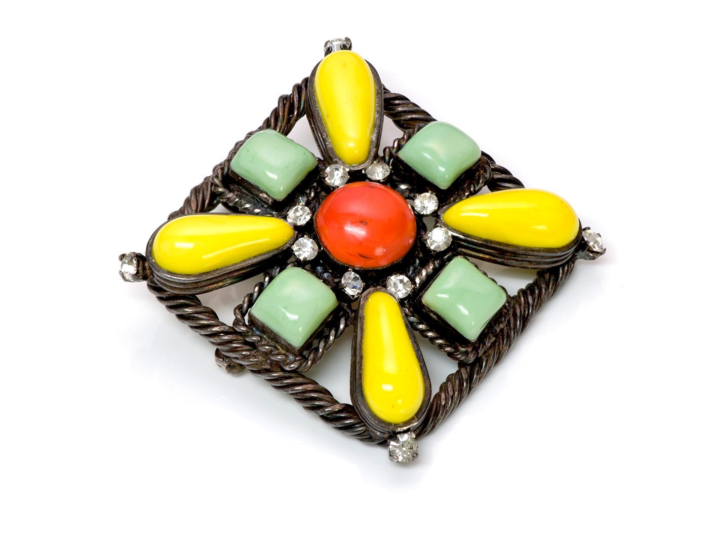 Chanel Paris 1990’s Maison Gripoix Yellow Green Glass Pendant Brooch