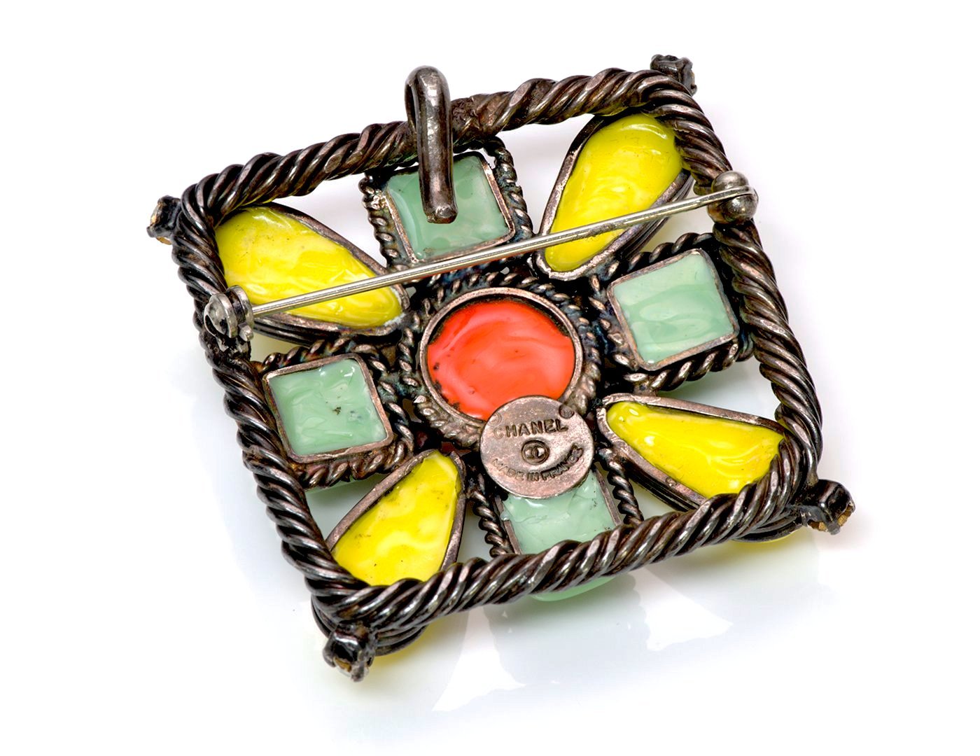 Chanel Paris 1990’s Maison Gripoix Yellow Green Glass Pendant Brooch