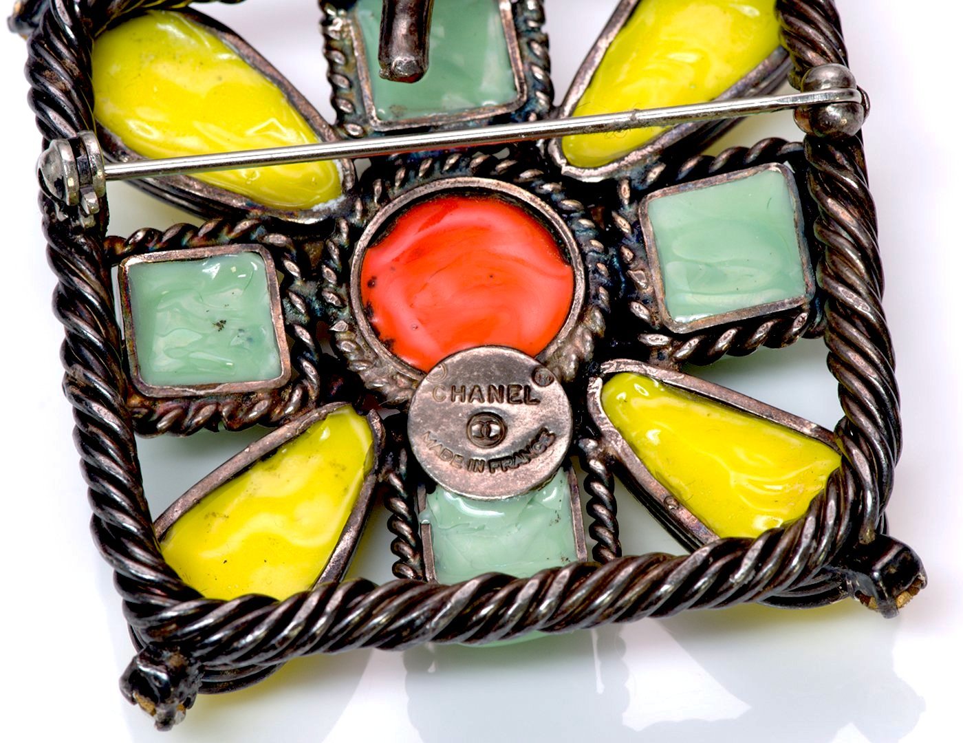 Chanel Paris 1990’s Maison Gripoix Yellow Green Glass Pendant Brooch