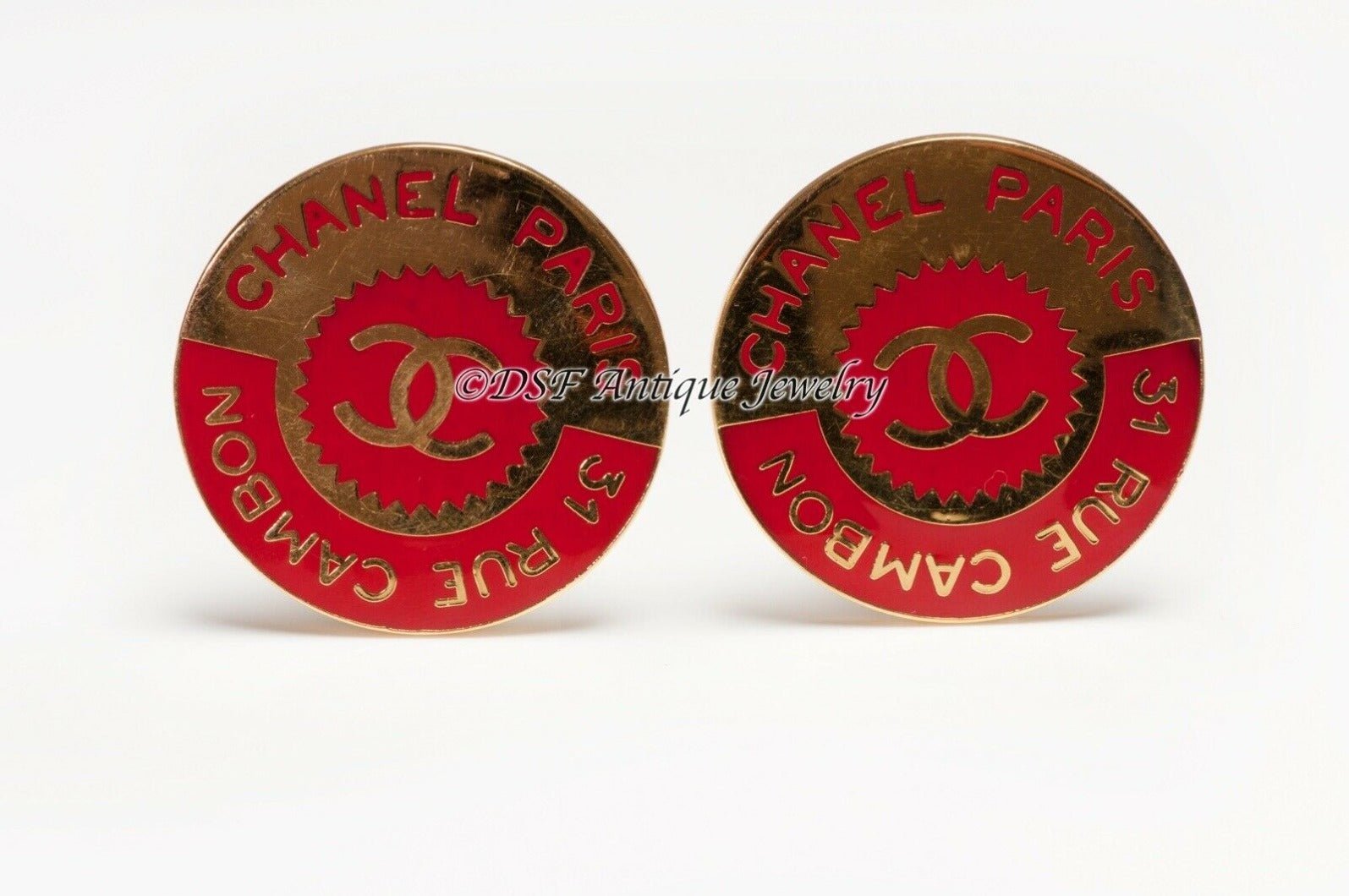 CHANEL Paris 1990’s Red Enamel 31 Rue Cambon CC Coin Earrings