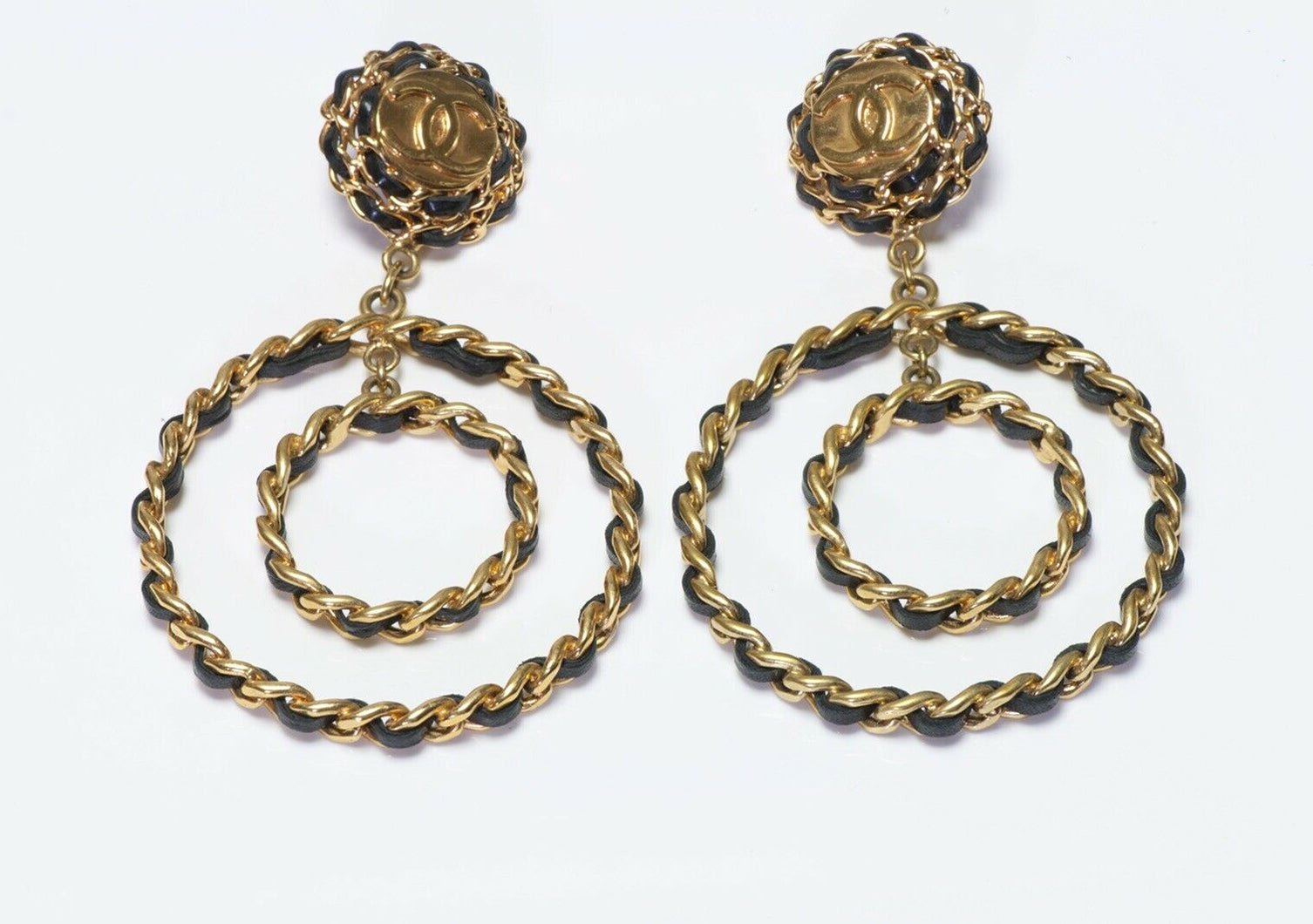 CHANEL Paris 1993 Extra Long CC Black Leather Double Hoop Earrings