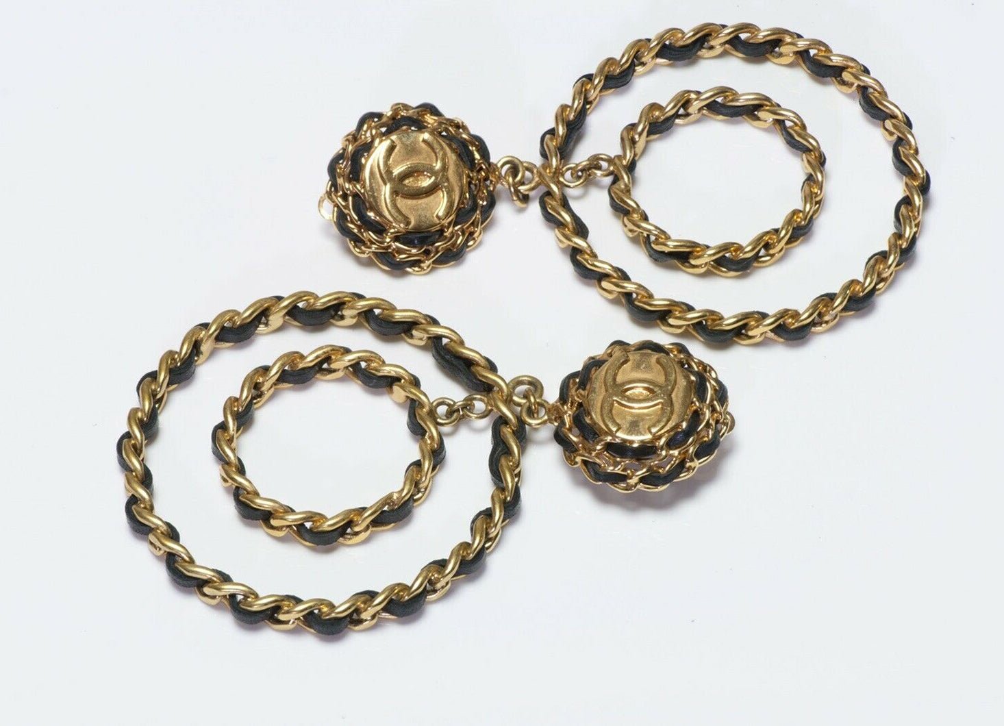 CHANEL Paris 1993 Extra Long CC Black Leather Double Hoop Earrings