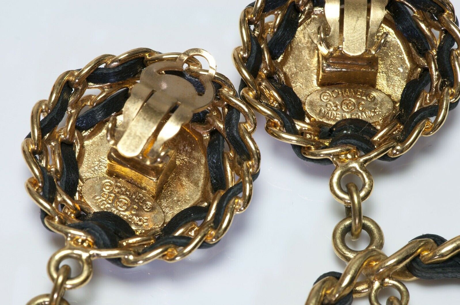 CHANEL Paris 1993 Extra Long CC Black Leather Double Hoop Earrings