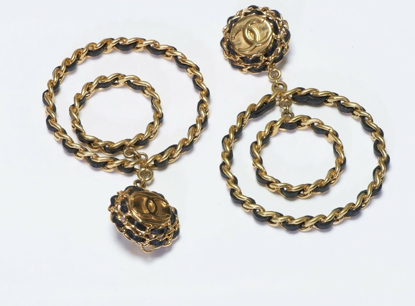 CHANEL Paris 1993 Extra Long CC Black Leather Double Hoop Earrings