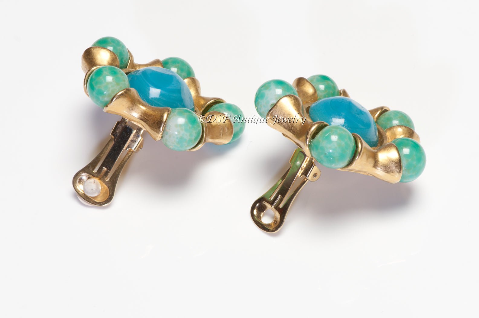 CHANEL Paris 1993 Maison Gripoix Green Blue Glass Camellia Flower Earrings