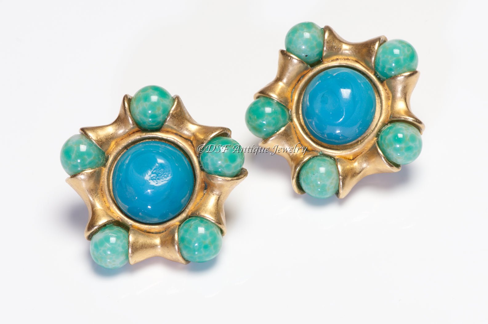 CHANEL Paris 1993 Maison Gripoix Green Blue Glass Camellia Flower Earrings