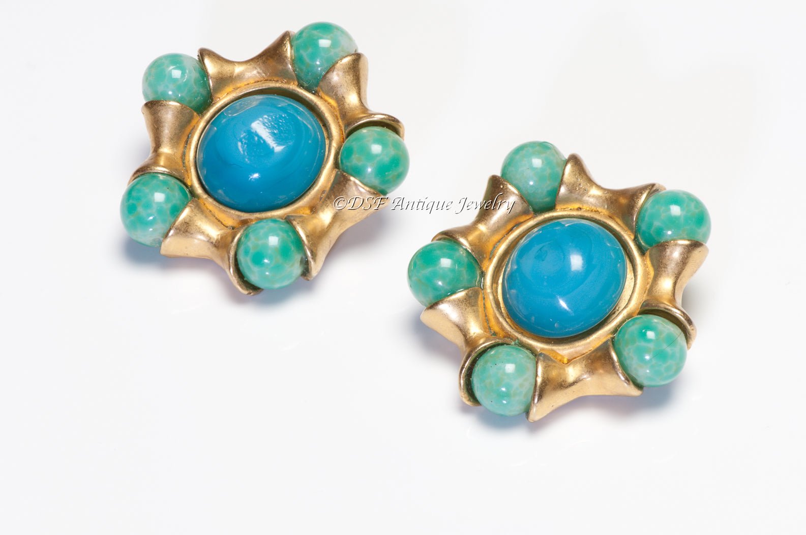CHANEL Paris 1993 Maison Gripoix Green Blue Glass Camellia Flower Earrings