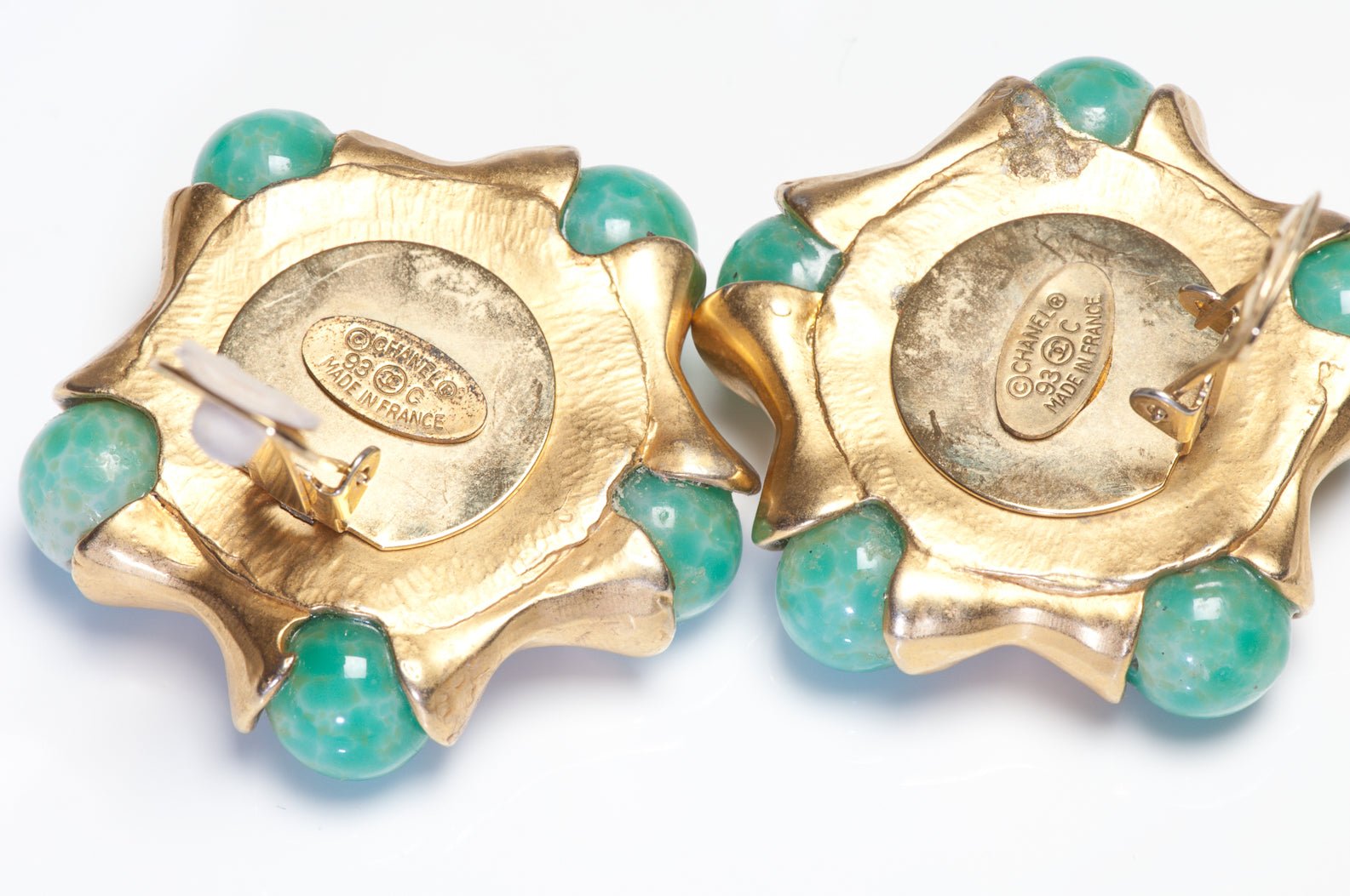 CHANEL Paris 1993 Maison Gripoix Green Blue Glass Camellia Flower Earrings