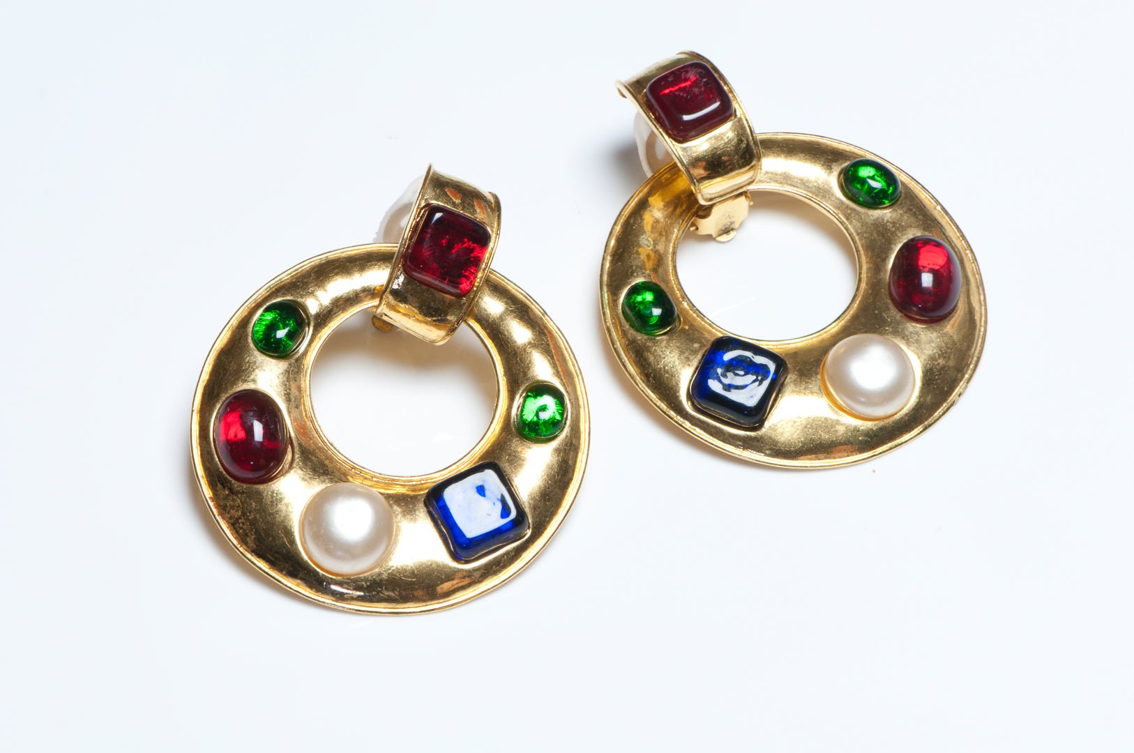 Chanel Paris 1993 Maison Gripoix Red Green Blue Glass Door Knocker Earrings