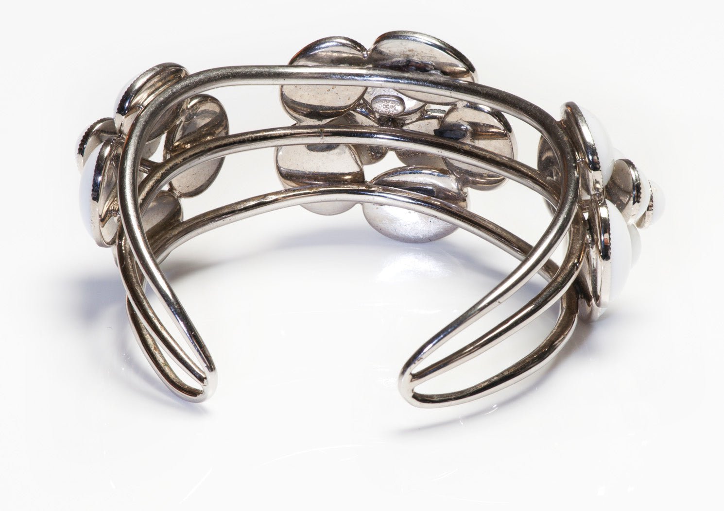 Chanel Paris 1998 Gripoix White Glass Camellia Flower Cuff Bracelet
