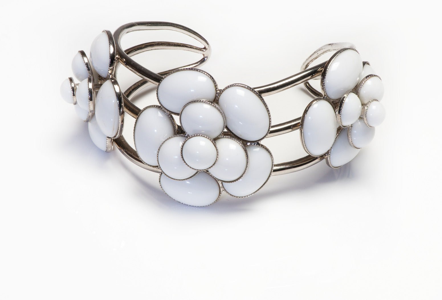 Chanel Paris 1998 Gripoix White Glass Camellia Flower Cuff Bracelet
