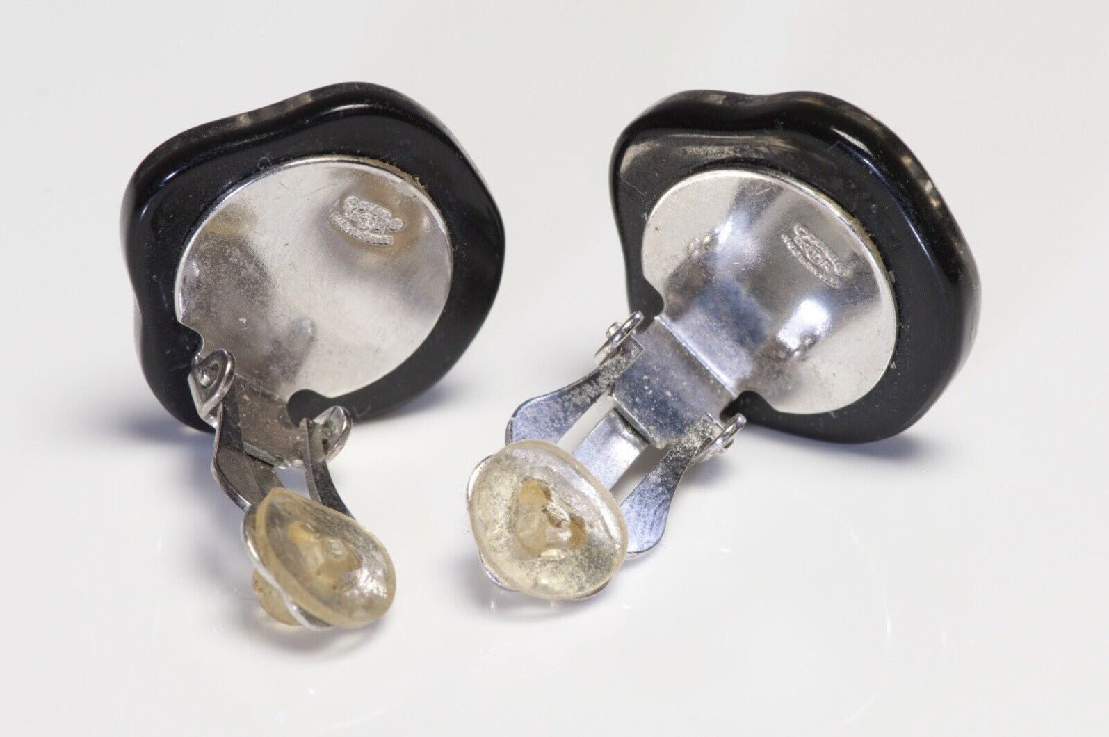 CHANEL Paris 2003 Fall CC Black Resin Camellia Flower Crystal Earrings