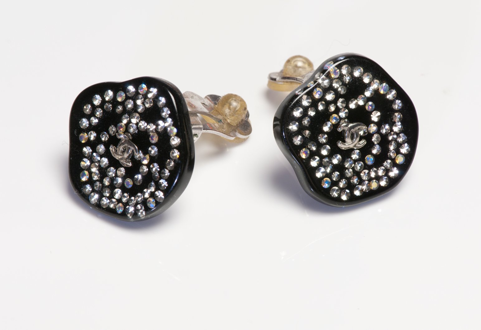 CHANEL Paris 2003 Fall CC Black Resin Camellia Flower Crystal Earrings