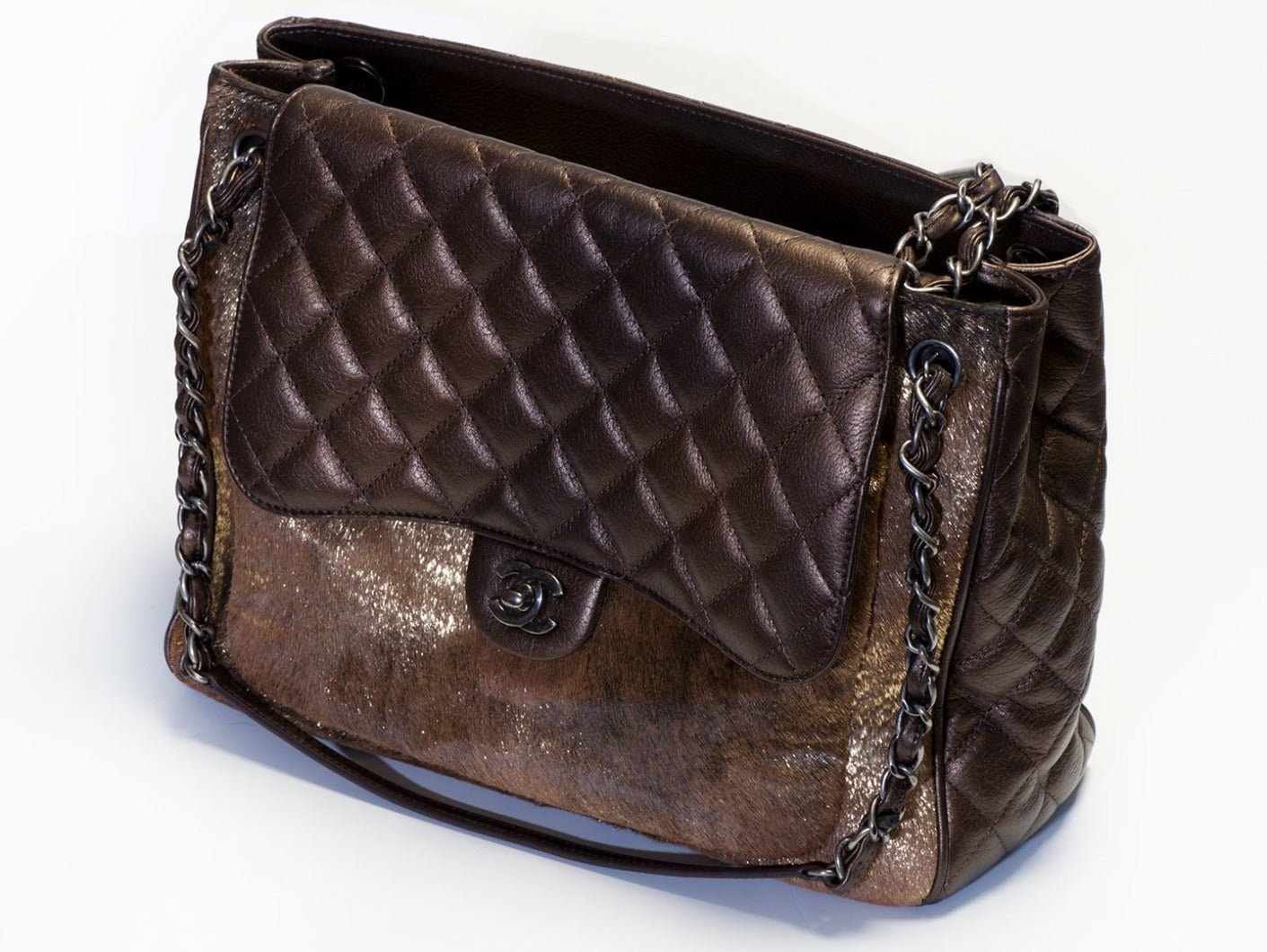 CHANEL Paris 2015 Brown Ombré Quilted Leather Mink Fur Tote Bag