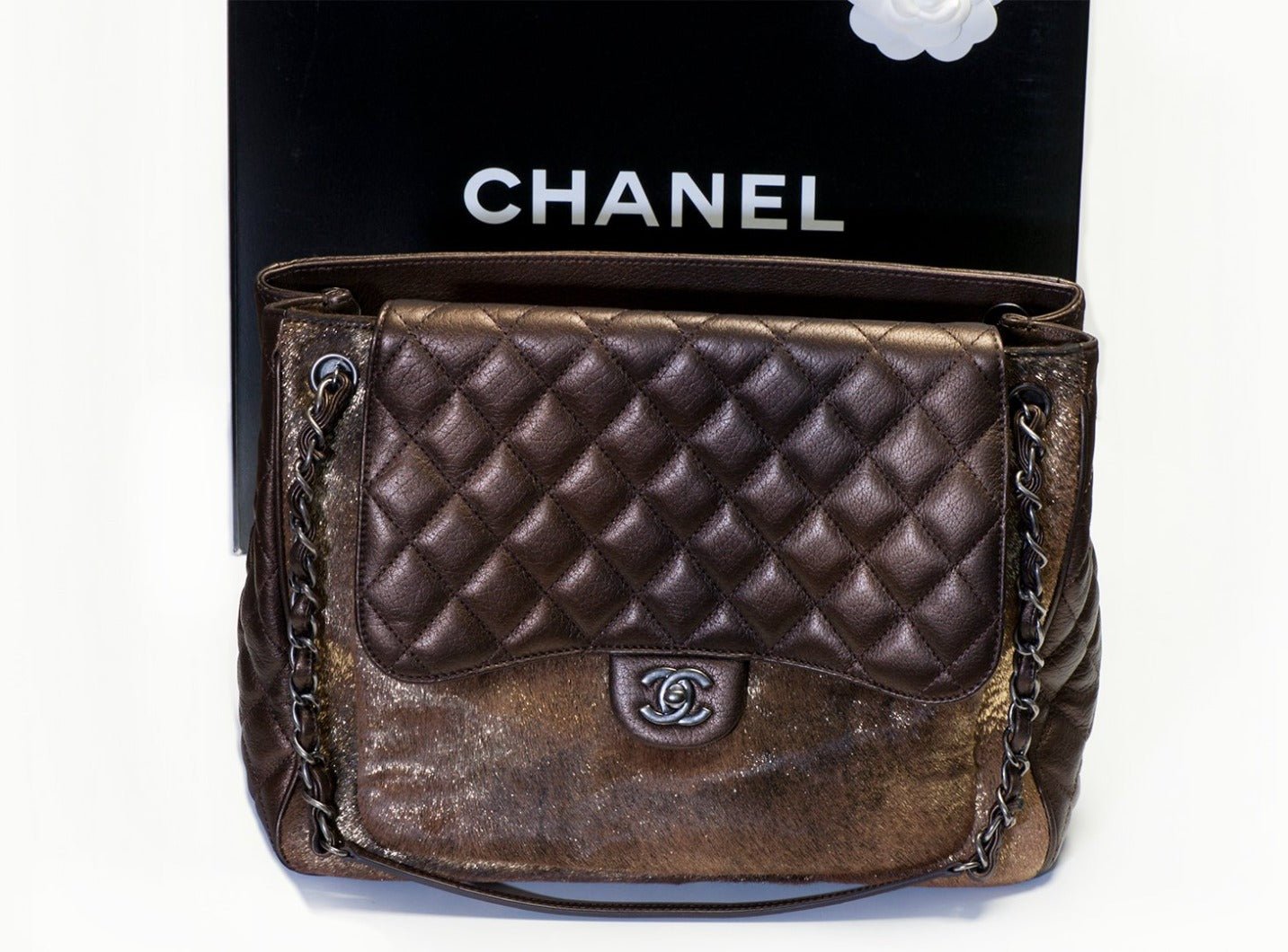 CHANEL Paris 2015 Brown Ombré Quilted Leather Mink Fur Tote Bag