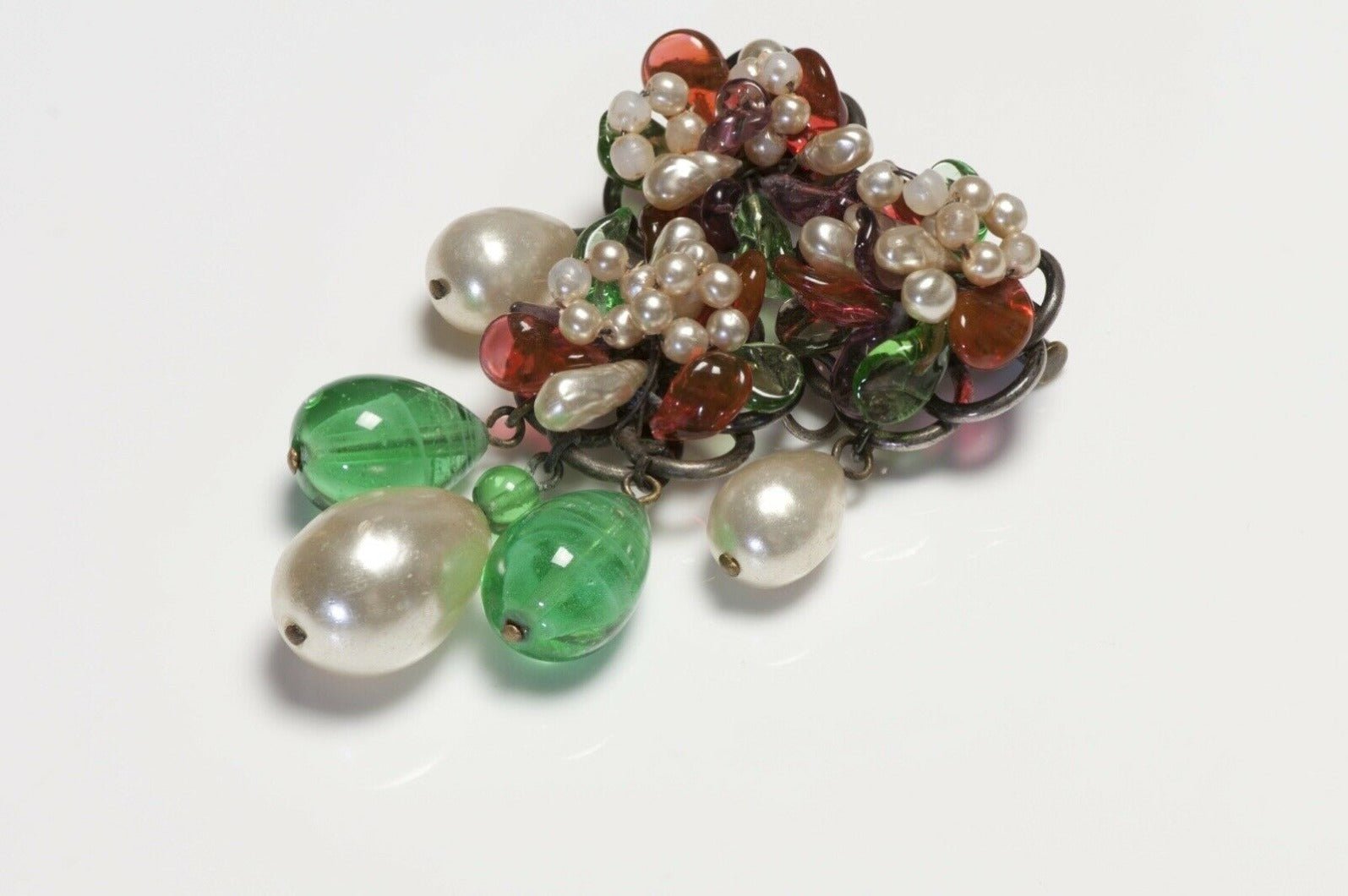 Chanel Paris by Louis Rousselet 1930's Green Red Poured Glass Flower Brooch