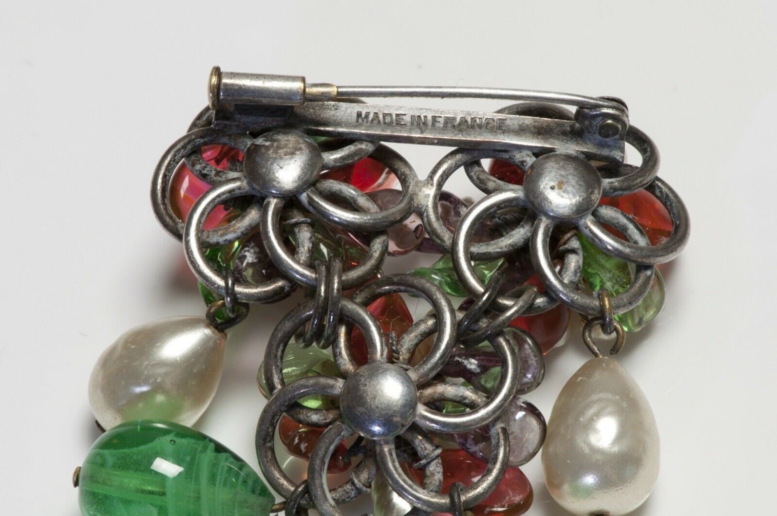 Chanel Paris by Louis Rousselet 1930's Green Red Poured Glass Flower Brooch