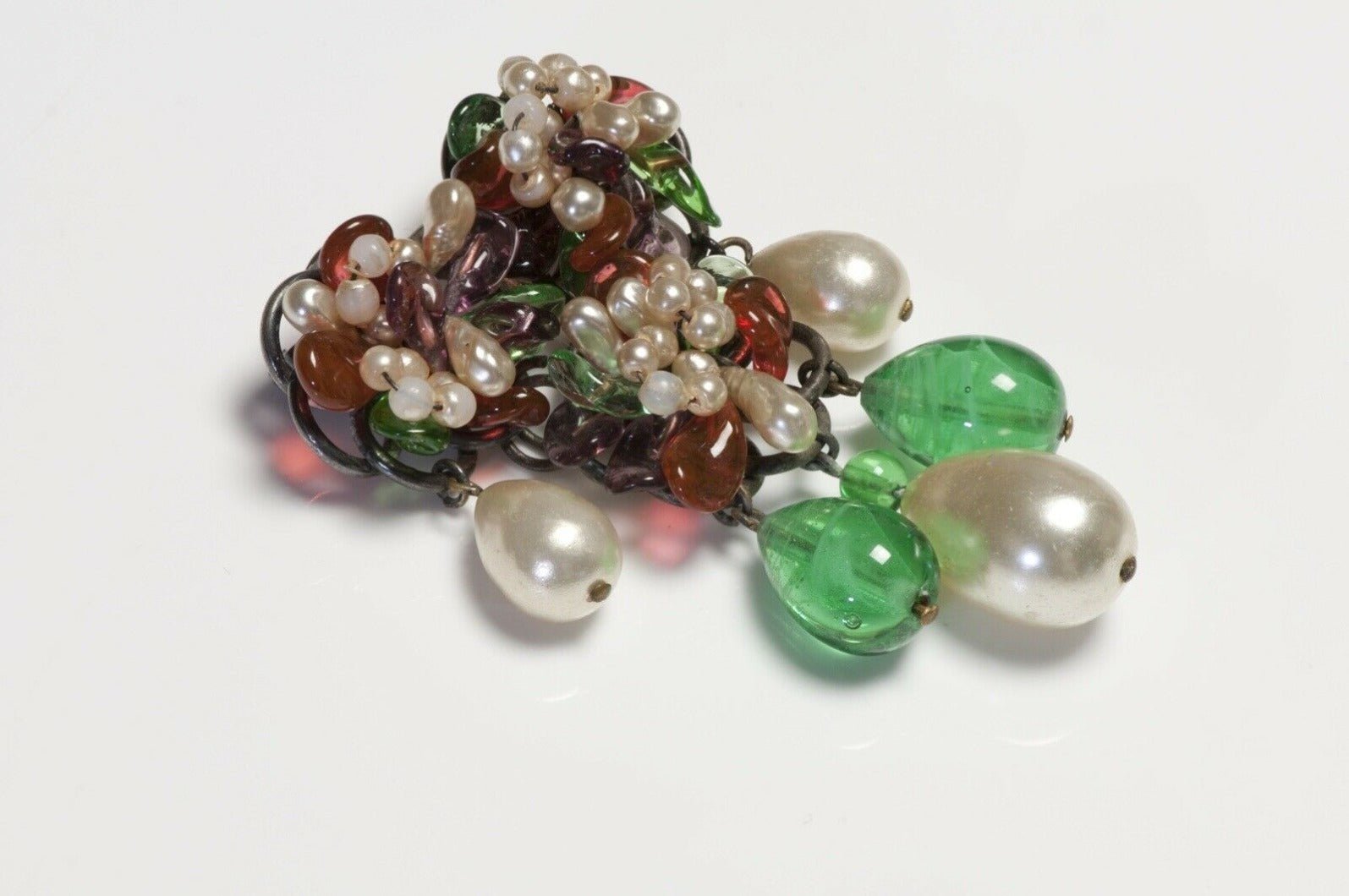 Chanel Paris by Louis Rousselet 1930's Green Red Poured Glass Flower Brooch