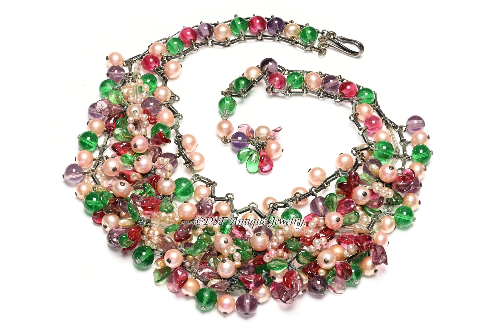 Chanel Paris by Louis Rousselet 1930’s Red Green Purple Glass Pearl Beads Necklace
