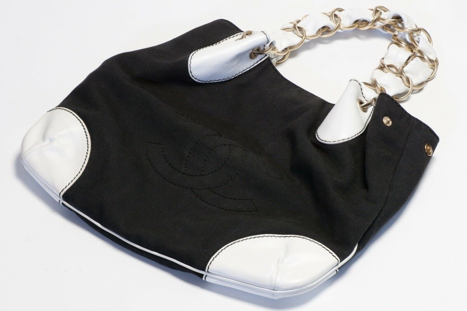 CHANEL Paris CC Black Canvas White Leather Tote Bag