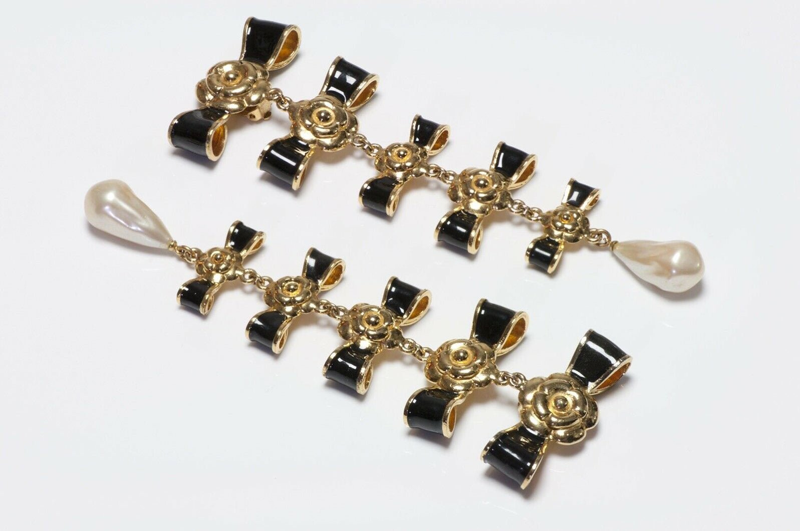 CHANEL Paris Extra Long Black Enamel Bows Camellia Pearl Earrings