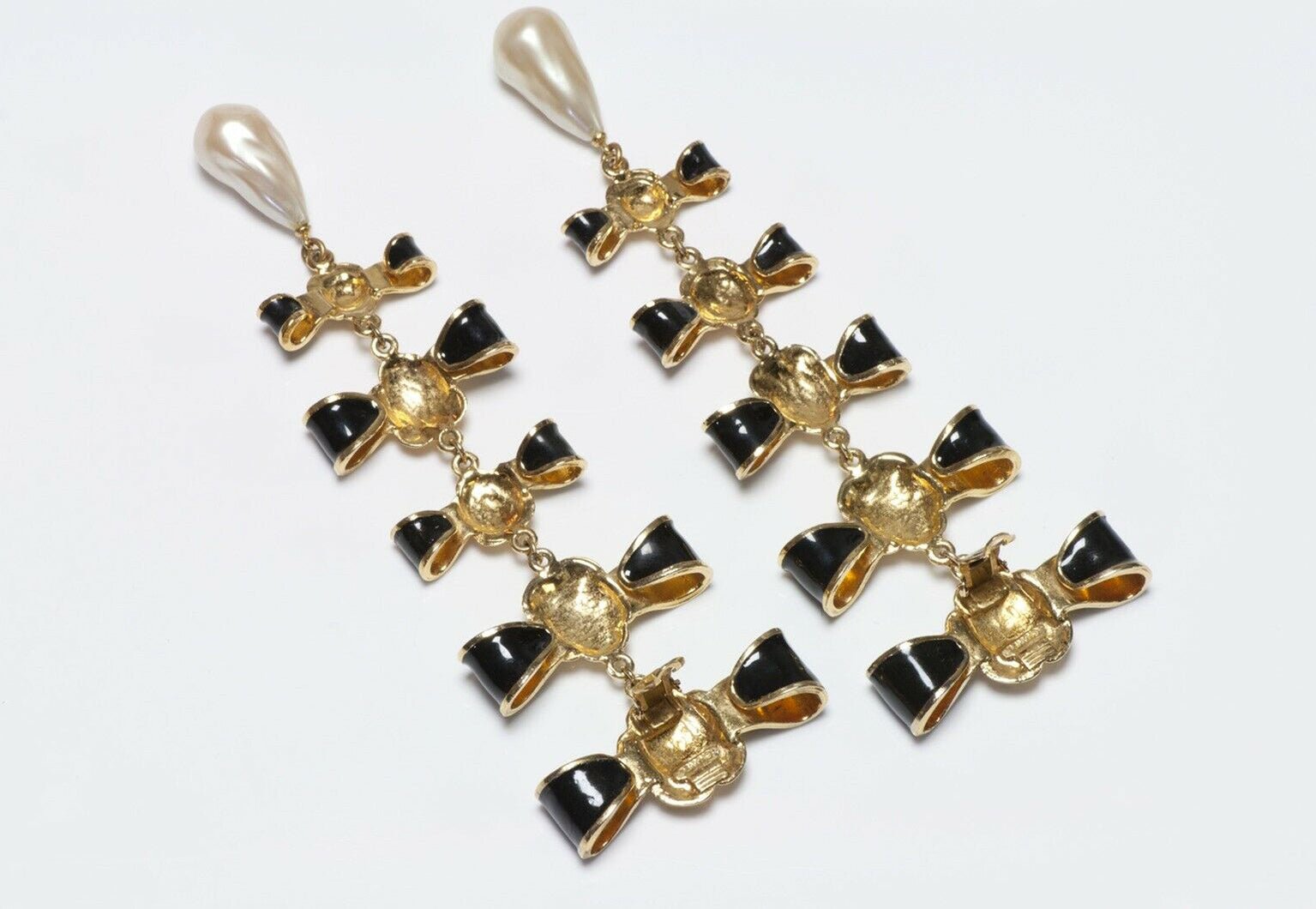 CHANEL Paris Extra Long Black Enamel Bows Camellia Pearl Earrings