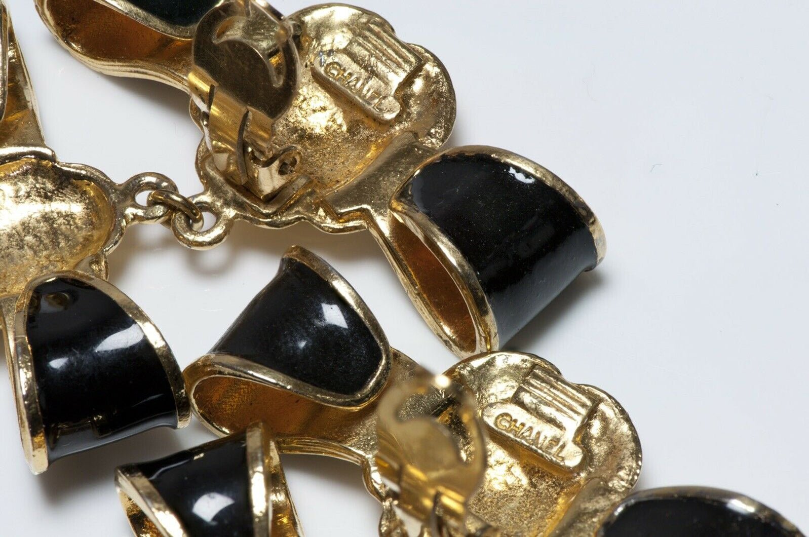 CHANEL Paris Extra Long Black Enamel Bows Camellia Pearl Earrings