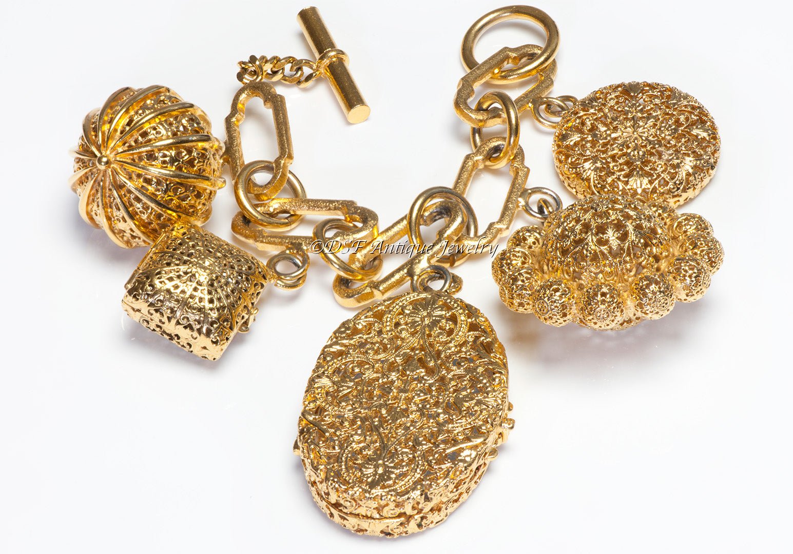 Chanel Paris Fall 1989 Gold Plated Filigree Mirror Charm Chain Link Bracelet