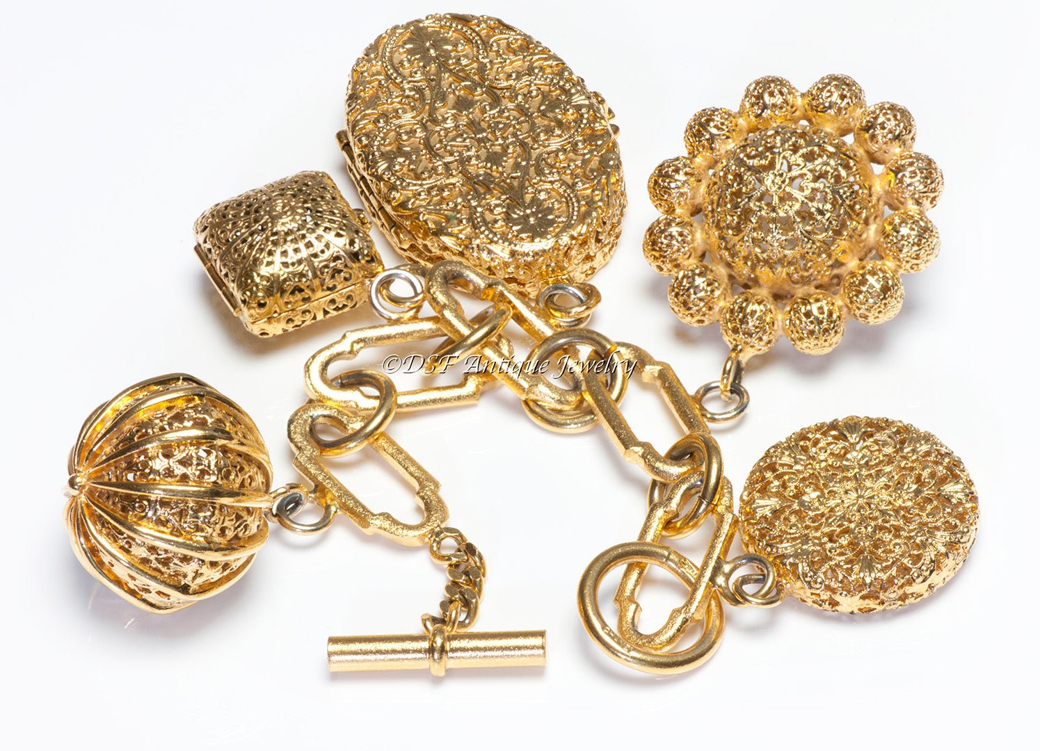Chanel Paris Fall 1989 Gold Plated Filigree Mirror Charm Chain Link Bracelet