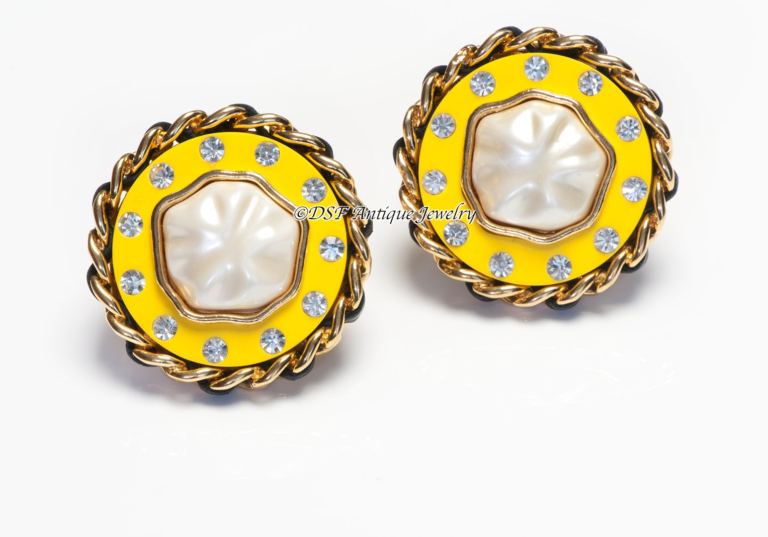 Chanel Paris Fall 1991 Yellow Resin Pearl Crystal Leather Chain Earrings