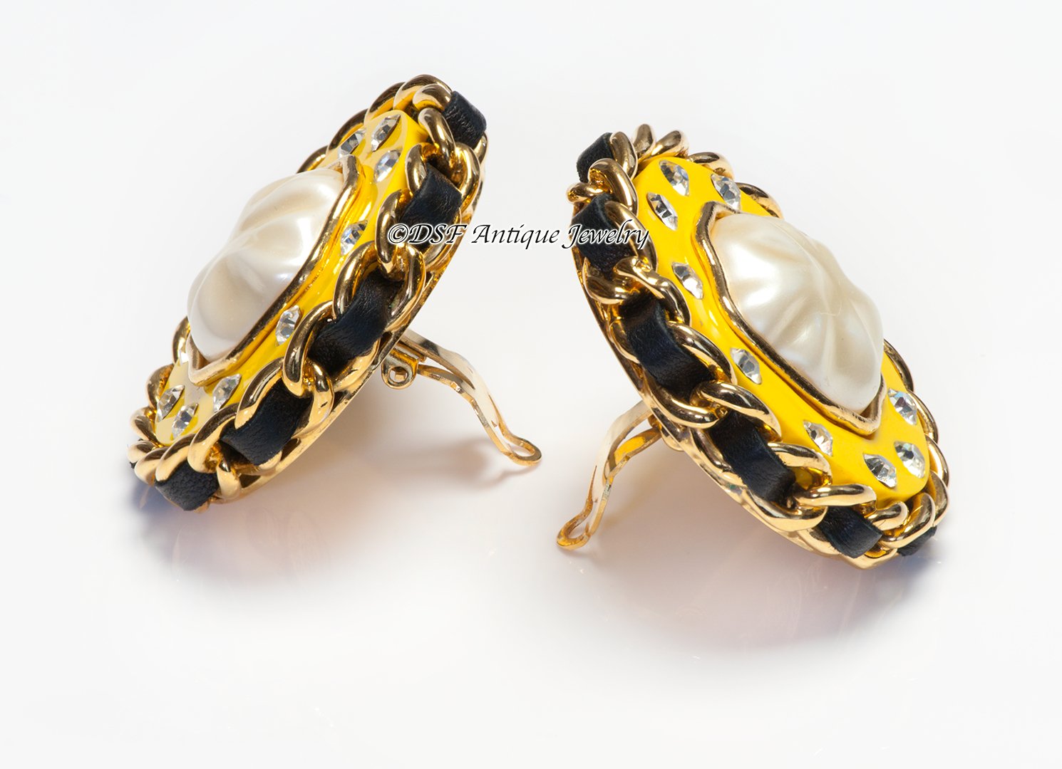 Chanel Paris Fall 1991 Yellow Resin Pearl Crystal Leather Chain Earrings