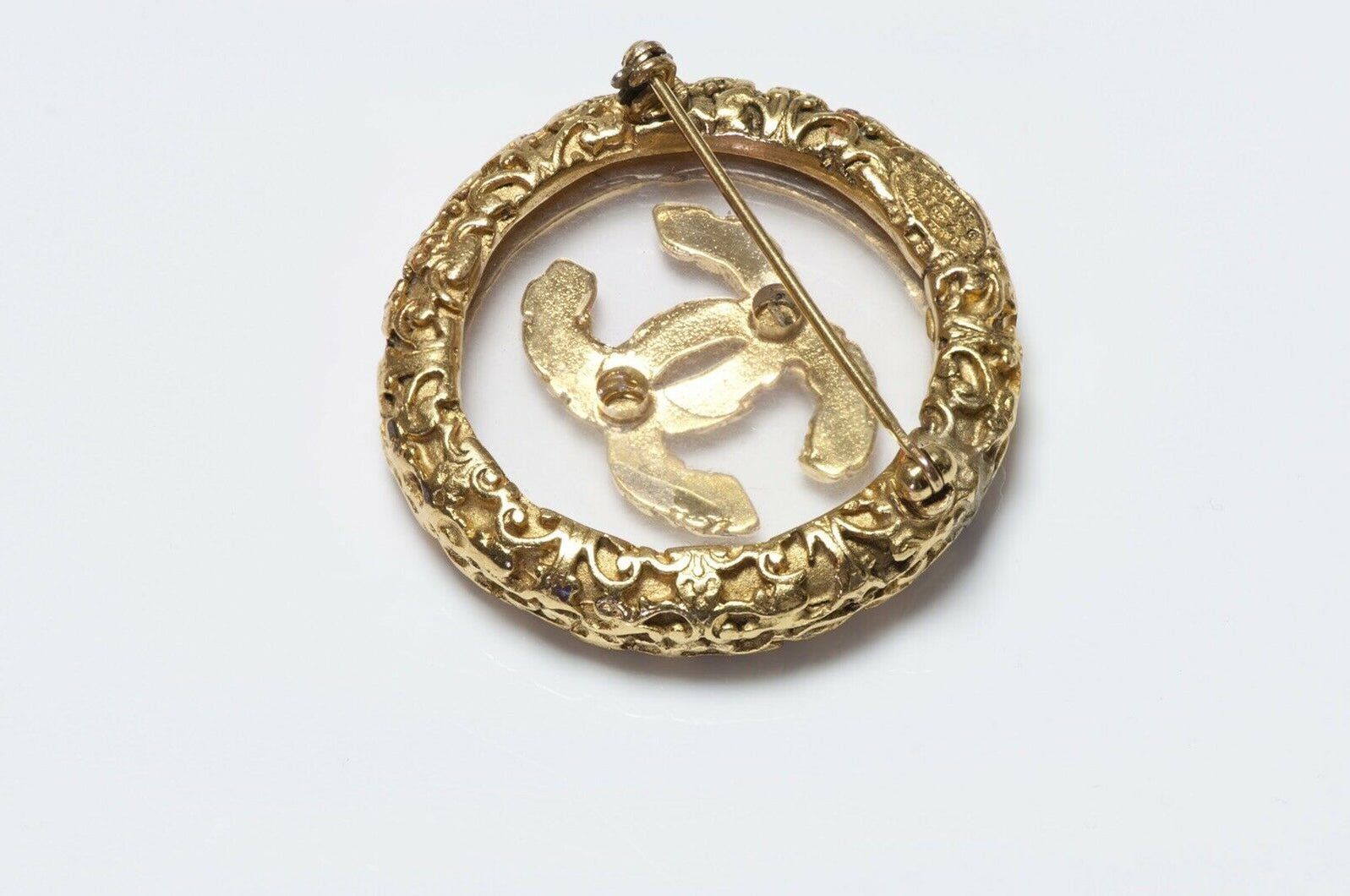 CHANEL Paris Fall 1993 CC Clear Glass Logo Brooch