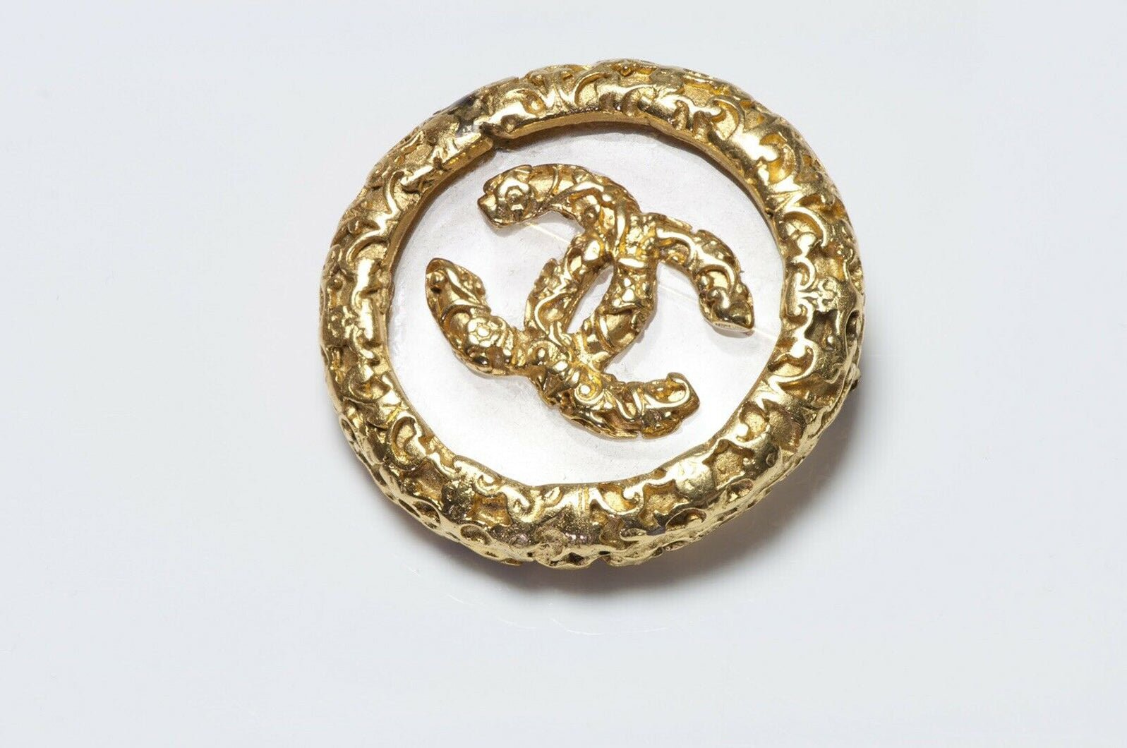 CHANEL Paris Fall 1993 CC Clear Glass Logo Brooch