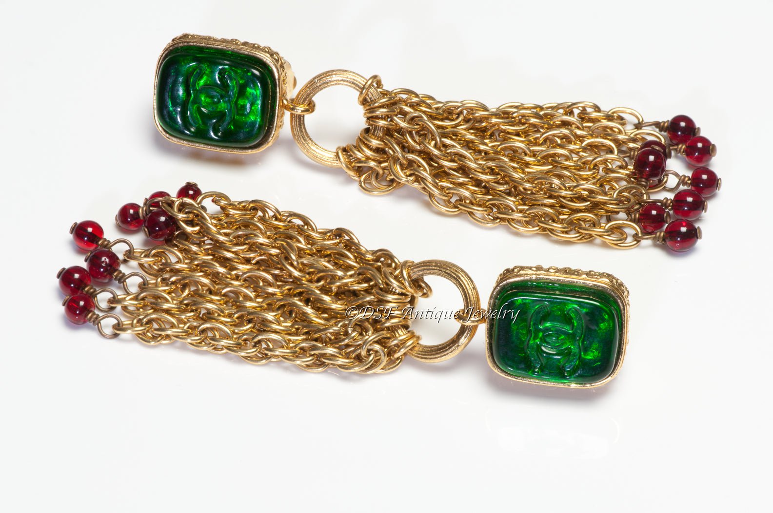 CHANEL Paris Fall 1993 Gripoix Red Green CC Glass Tassel Earrings