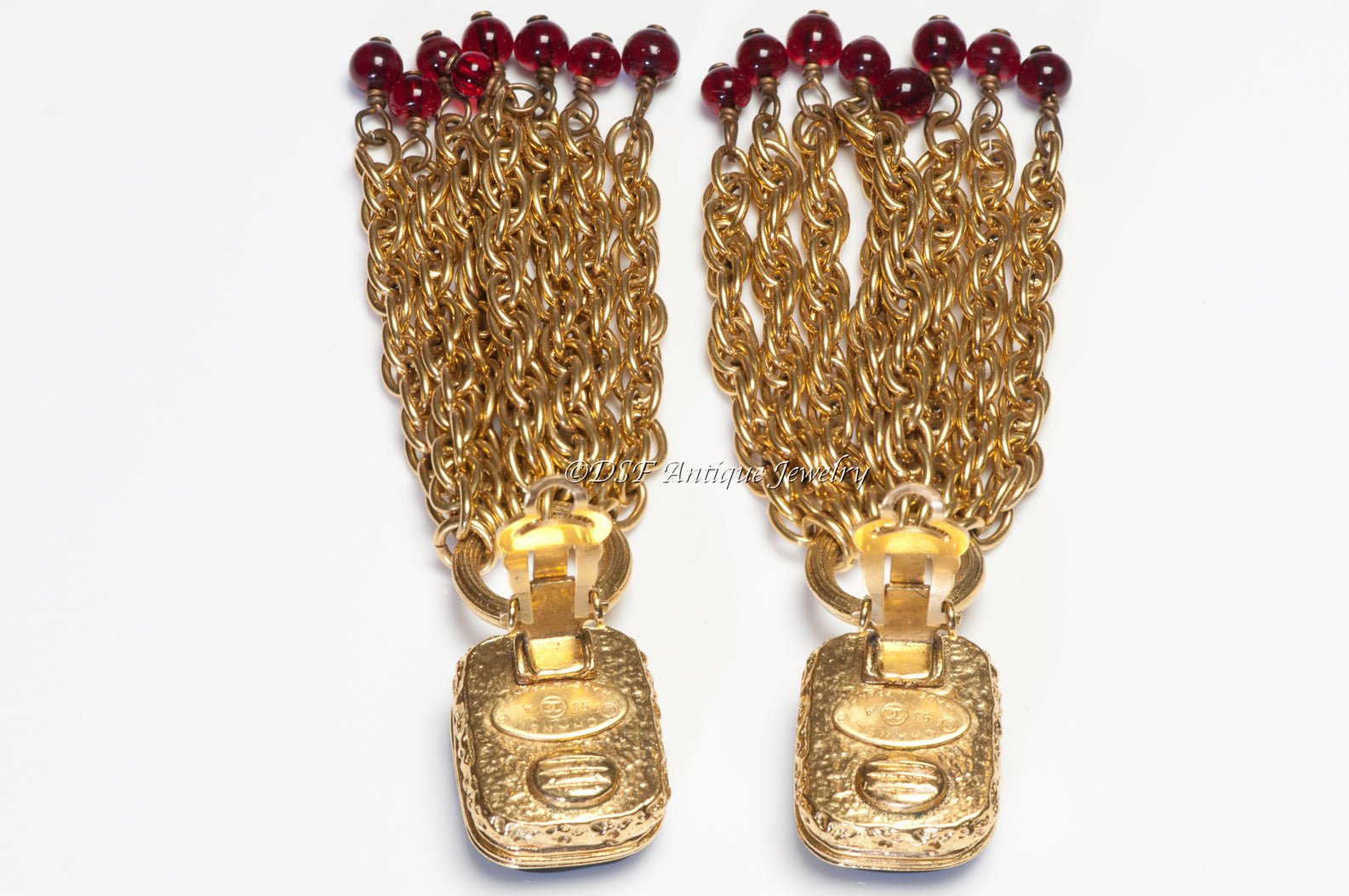 CHANEL Paris Fall 1993 Gripoix Red Green CC Glass Tassel Earrings
