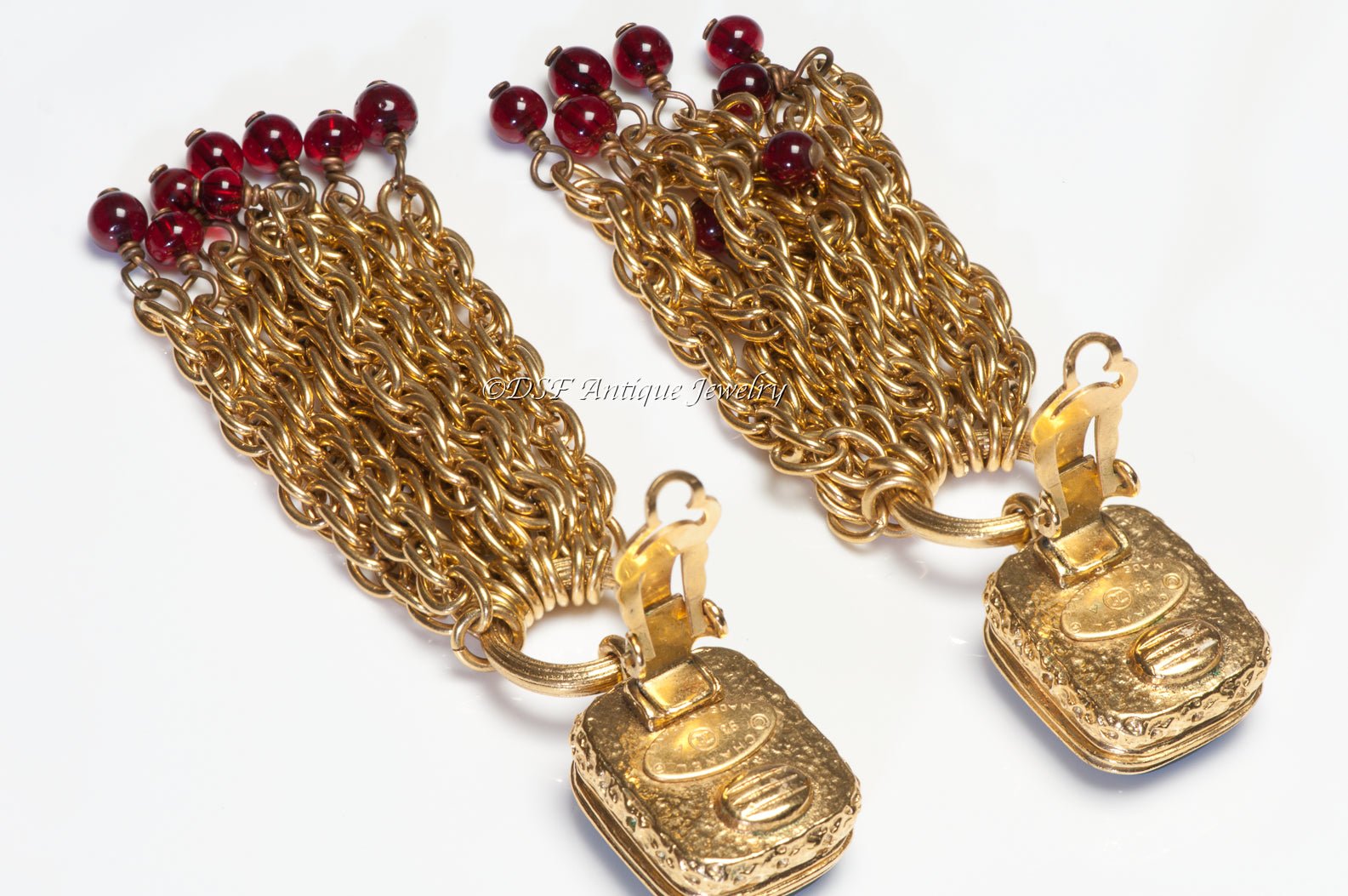 CHANEL Paris Fall 1993 Gripoix Red Green CC Glass Tassel Earrings