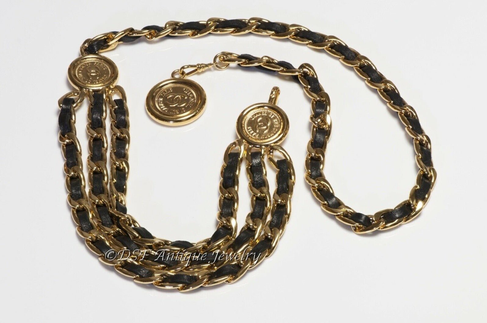 CHANEL Paris Fall 1994 CC 3 Strand Black Leather Coin Chain Belt