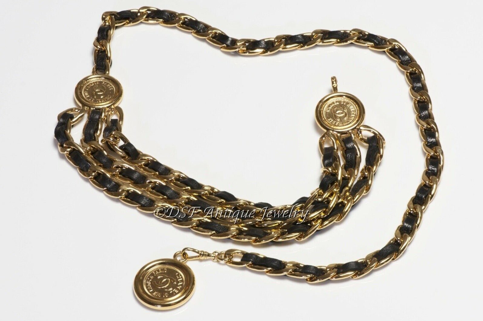 CHANEL Paris Fall 1994 CC 3 Strand Black Leather Coin Chain Belt