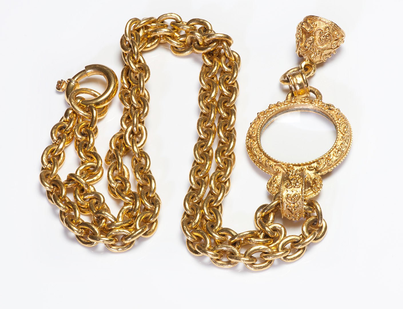 Chanel Paris Fall 1994 CC Gold Plated Magnifying Glass Bell Pendant Necklace