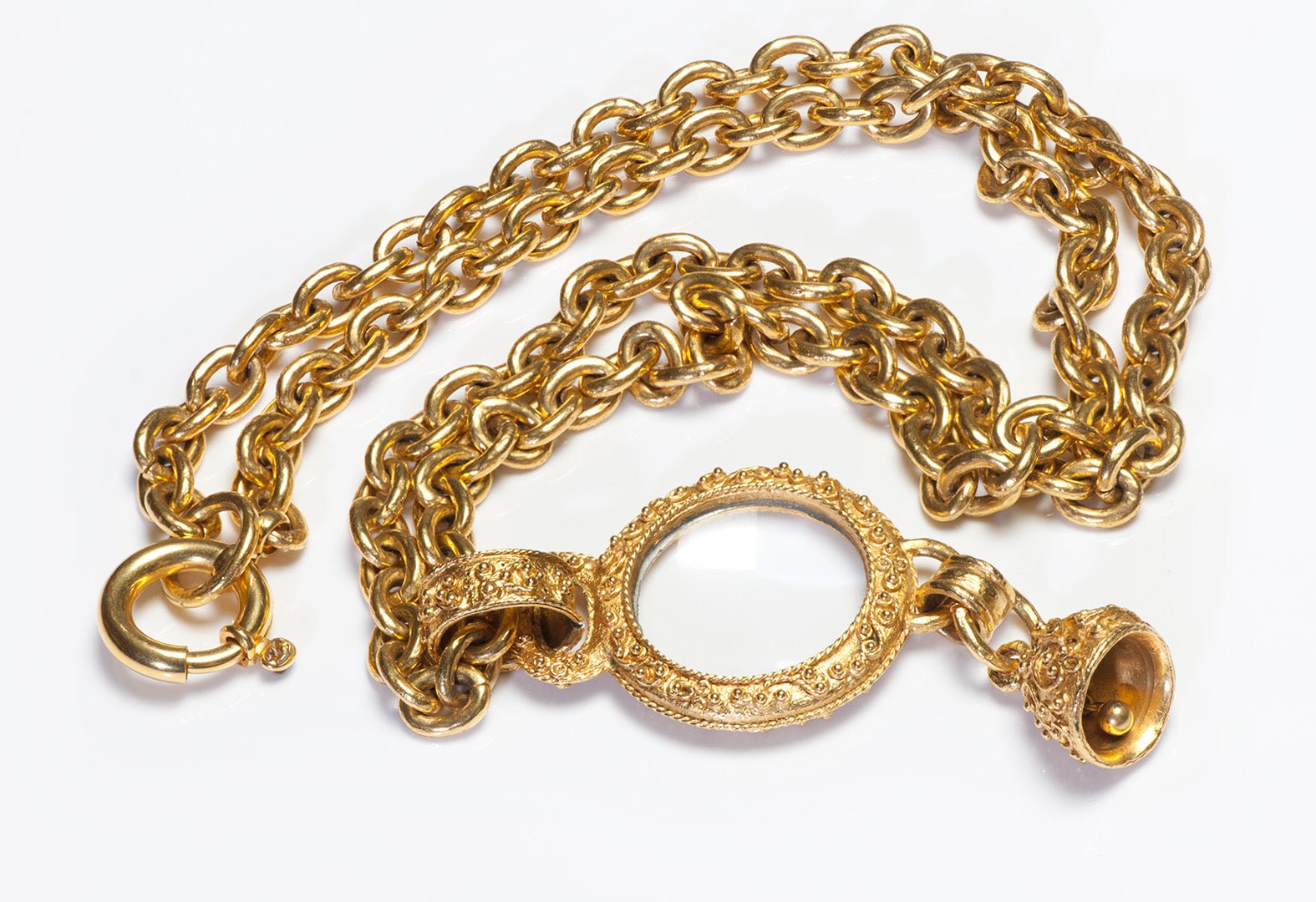 Chanel Paris Fall 1994 CC Gold Plated Magnifying Glass Bell Pendant Necklace