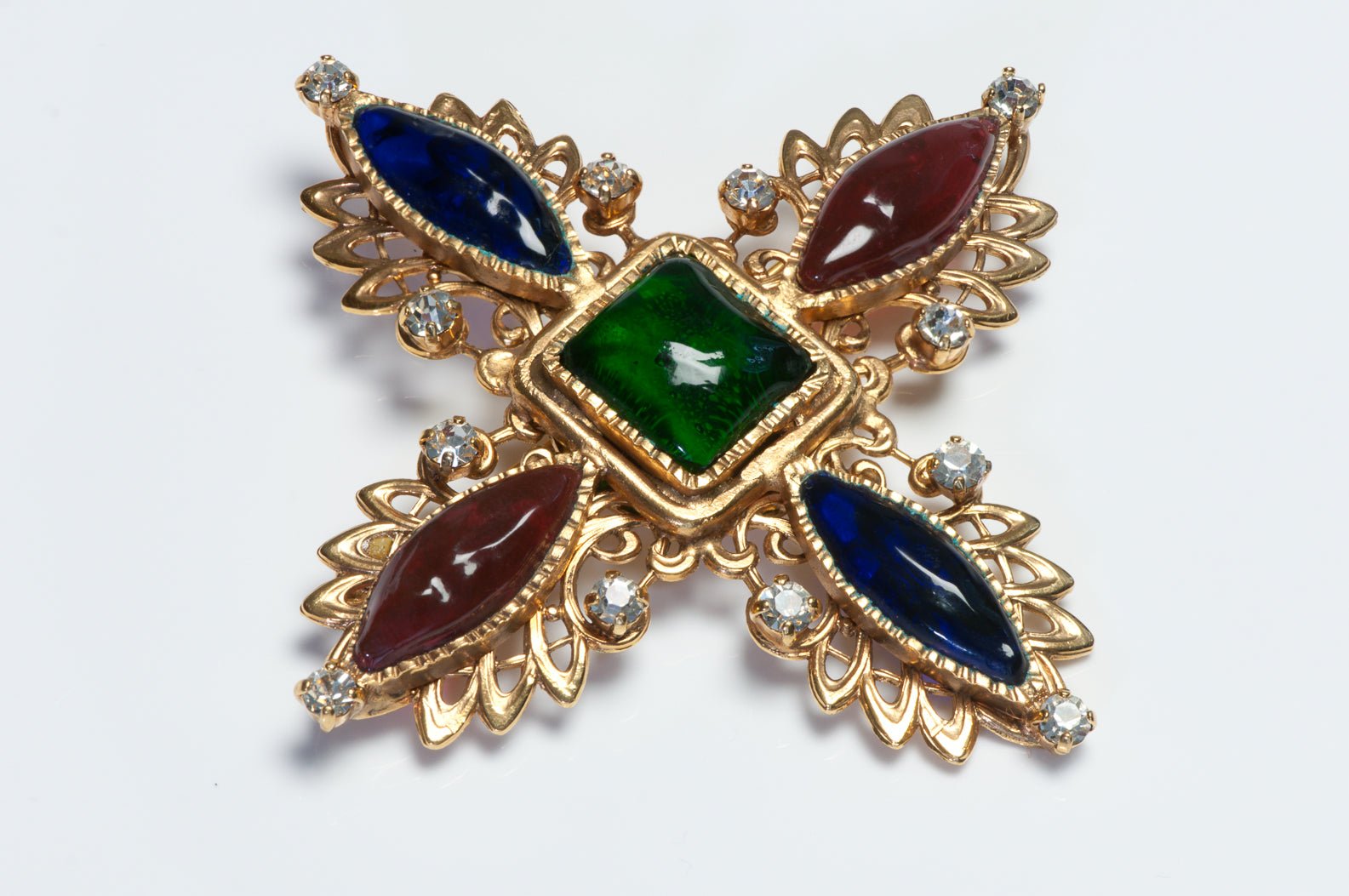 Chanel Paris Fall 1994 Gripoix Red Blue Green Glass Cross Pendant Brooch