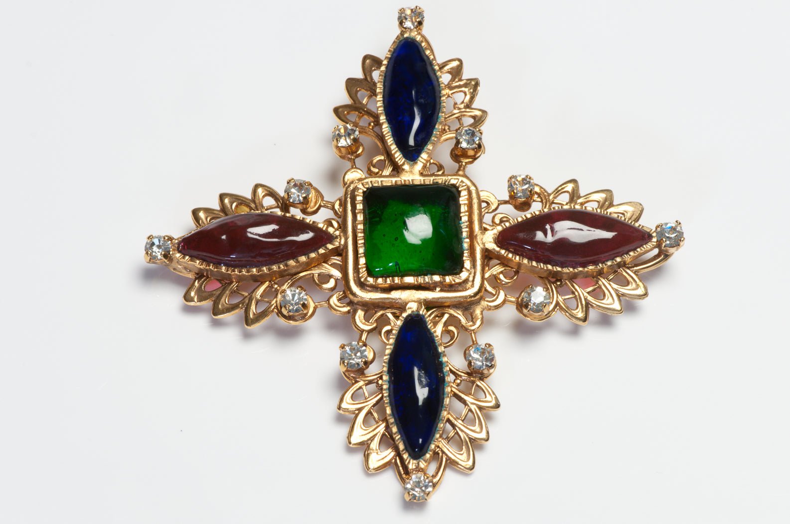 Chanel Paris Fall 1994 Gripoix Red Blue Green Glass Cross Pendant Brooch