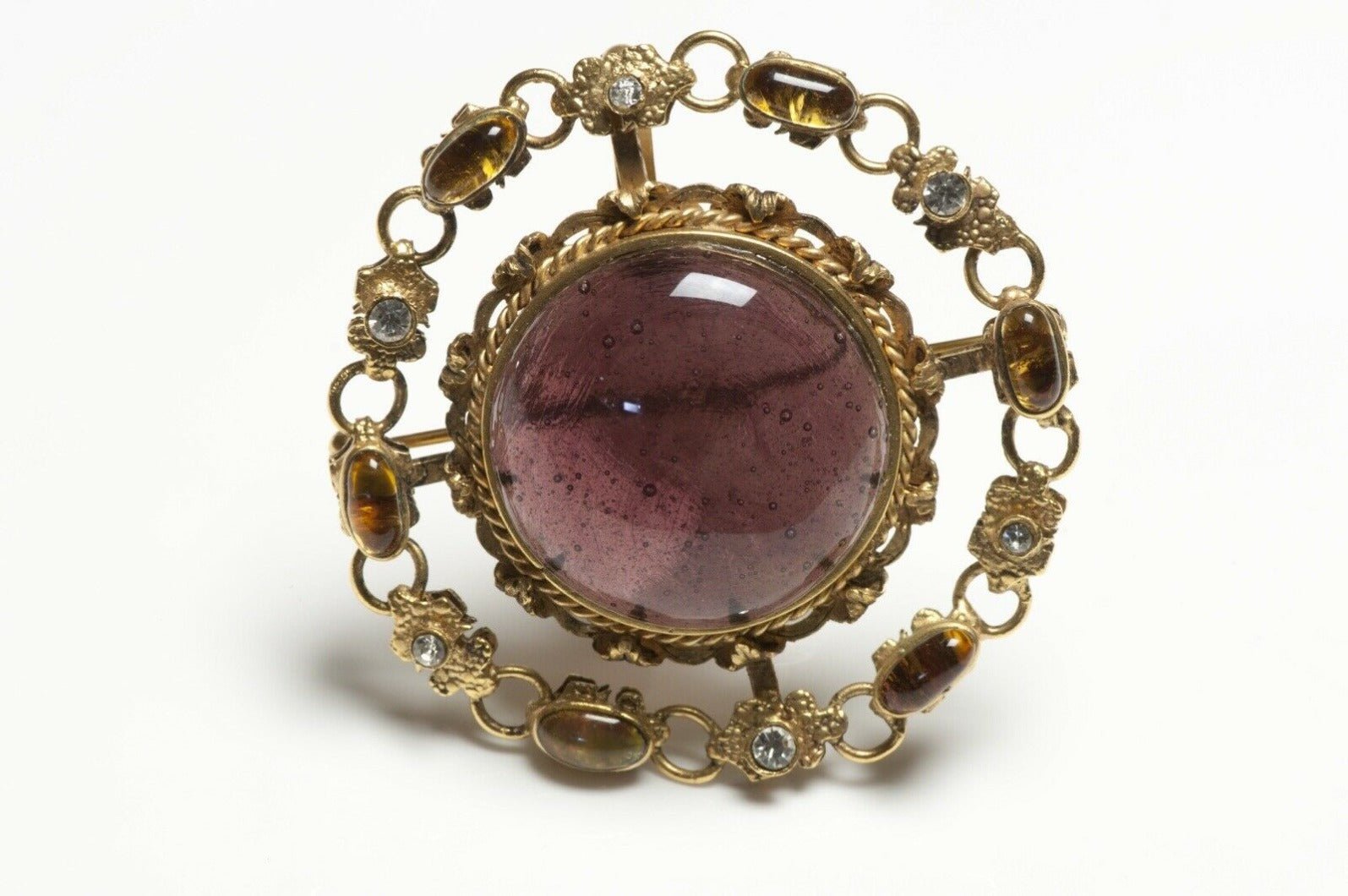 CHANEL Paris Fall 1995 Maison Gripoix Purple Yellow Glass Flower Pendant Brooch