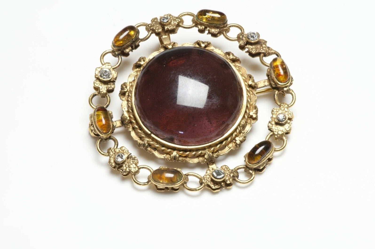 CHANEL Paris Fall 1995 Maison Gripoix Purple Yellow Glass Flower Pendant Brooch