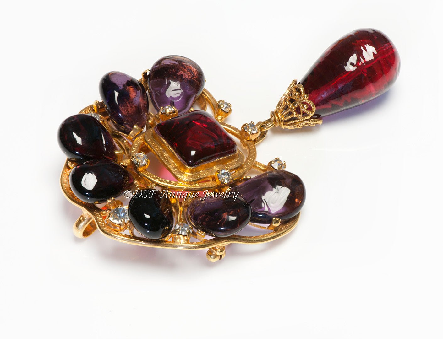 Chanel Paris Fall 1996 Maison Gripoix Purple Red Poured Glass Pendant Brooch
