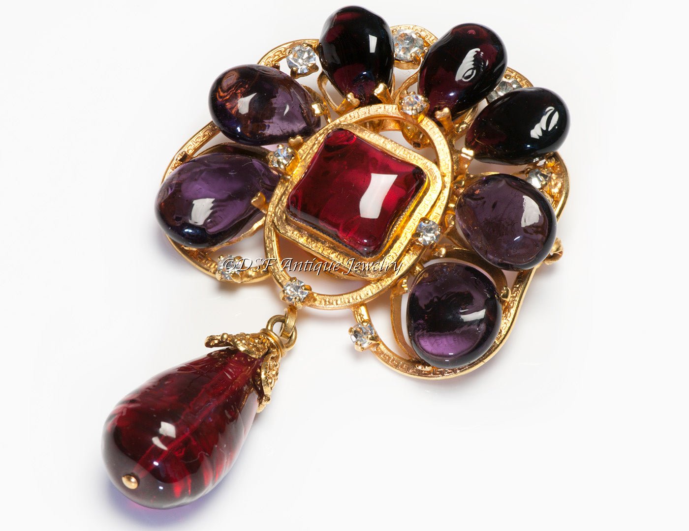 Chanel Paris Fall 1996 Maison Gripoix Purple Red Poured Glass Pendant Brooch