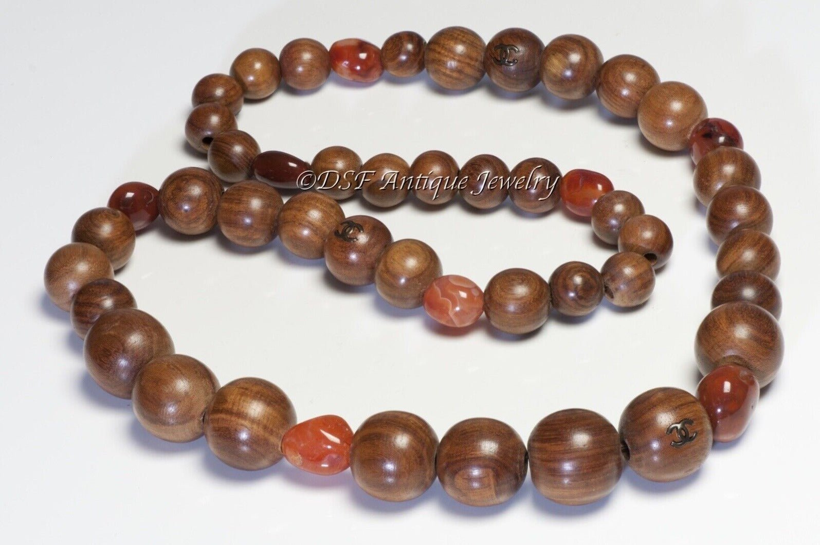 CHANEL Paris Fall 1998 Brown Wood Agate CC Beads Necklace