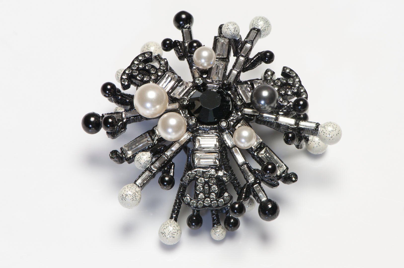 Chanel Paris Fall 2010 CC Crystal Black White Pearl Starburst Brooch